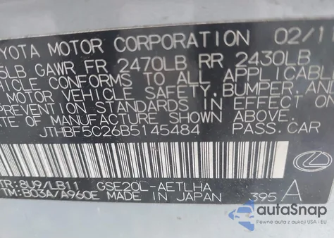 2011 Lexus Is 250 z USA, uszkodzony, nr VIN JTHBF5C26B5145484